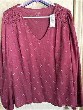 LOFT Mauve Pink V-Neck Long Sleeve Blouse with Metallic Dots